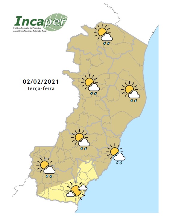 Previsão de chuva para quase todo o Estado, segundo Incaper