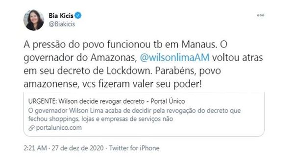 Deputada Bia Kicis comemorou, em dezembro, flexibilização de medidas contra a Covid-19 em Manaus