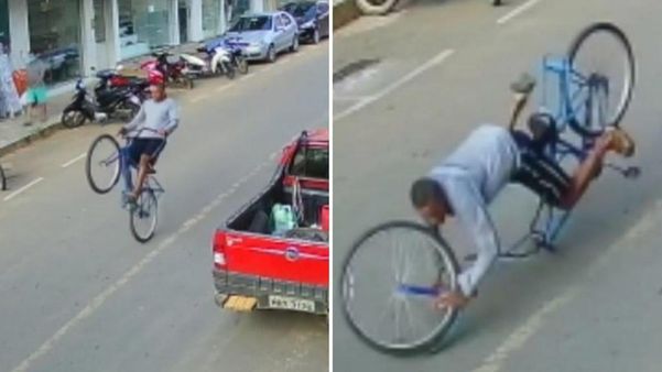 Ciclista cai em avenida e por um triz não vai parar debaixo de