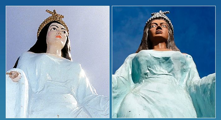 Na inauguração do monumento, em 1988, a 'Rainha do Mar' era branca e inspirada em Nossa Senhora dos Navegantes. Ao longo dos anos, a reivindicação da representação mais próxima de sua origem africana ganhou força e, em 2017, ela passou por nova pintura