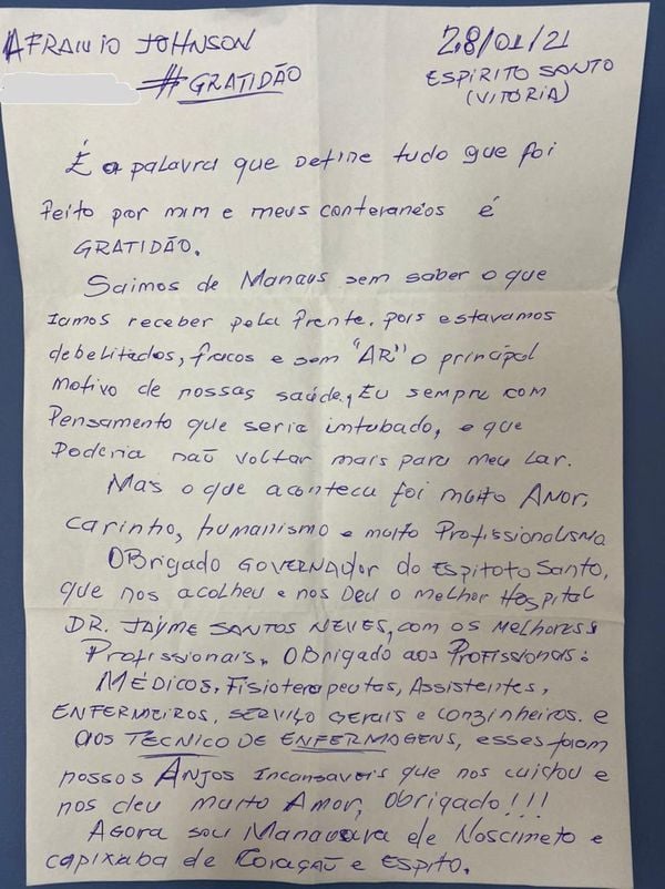 Carta escrita por paciente de Manaus em agradecimento ao Espírito Santo