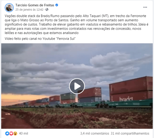 Publicação na conta oficial no Facebook do ministro Tarcísio de Freitas (Infraestrutura), sem a legenda enganosa.