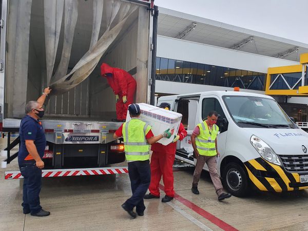 Novo carregamento de 54.4 mil doses da vacina Coronavac/Butantan que chegaram domingo (7) pela manhã no Aeroporto de Vitória. por Hélio Filho / Secom