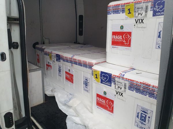 Novo carregamento de 54.4 mil doses da vacina Coronavac/Butantan que chegaram domingo (7) pela manhã no Aeroporto de Vitória. por Hélio Filho / Secom