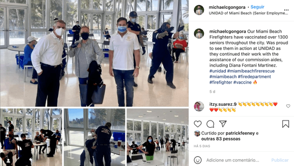 Foto que mostra bombeiros de Miami vacinando pessoas