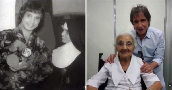 O cantor Roberto Carlos com a ex-professora Irmã Fausta Ramos, freira que morreu no Espírito Santo no último fim de semana