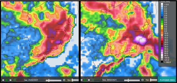 Figura mostra a estimativa de acumulado de chuva entre os dias 25 e 26 de fevereiro