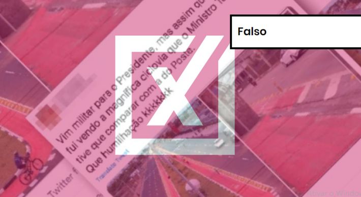 Montagem publicada no Twitter compara imagens de duas ciclovias. A imagem de uma ciclovia danificada, atribuída ao ex-prefeito de São Paulo Fernando Haddad é verdadeira e é de 2015. A segunda é de 2016 e sua construção foi falsamente atribuída ao ministro da Infraestrutura de Bolsonaro, Tarcísio Gomes de Freitas