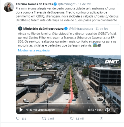 Publicação na conta oficial do Twitter do ministro Tarcísio Gomes de Freitas.