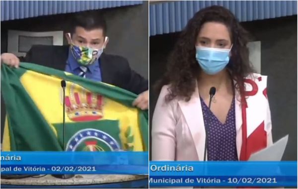 Gilvan da Federal, com a bandeira imperial do Brasil, e Karla Coser, com a bandeira do PT, travaram alguns embates no primeiro mês dos novos vereadores