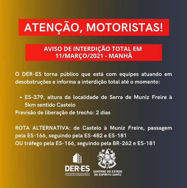 Rodovia que liga Muniz Freire a Castelo está totalmente interditada