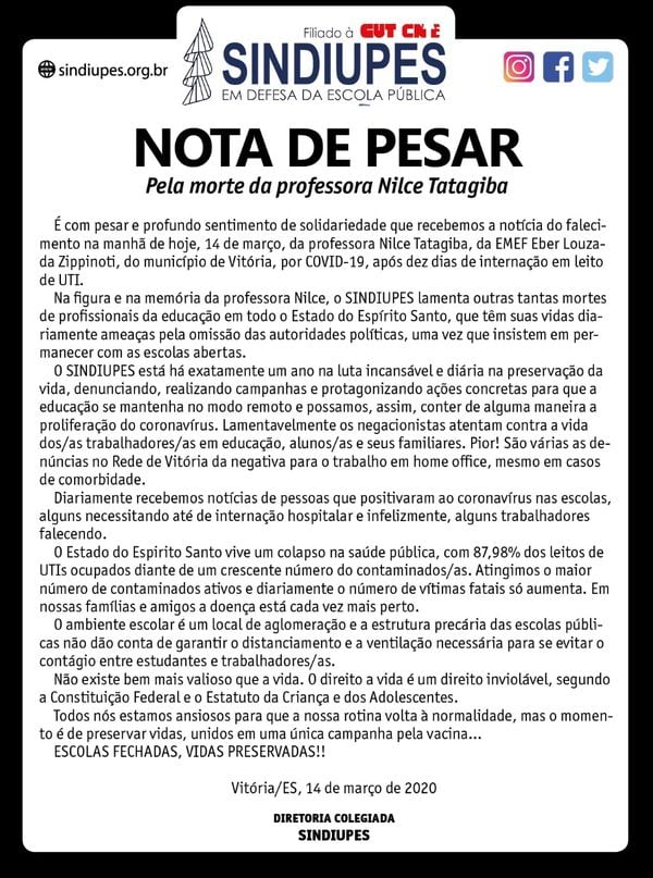 Nota de pesar do Sindiupes pela morte da professora Nilce Tatagiba