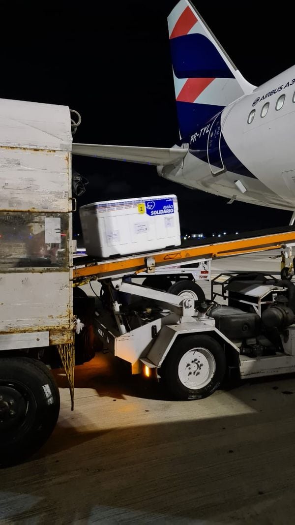 Mais 84.600 doses da Coronavac chegaram em um voo no Aeroporto de Vitória na madrugada desta quarta-feira (17)