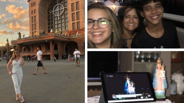 Maria Victória, de 20 anos, em Aparecida e na Festa da Penha, em Vila Velha, com a família. Ela conta que está sempre conectada com o evento, seja presencial, seja on-line.