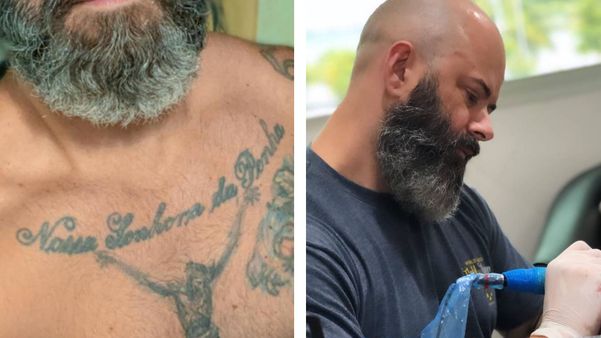 O tatuador Ticano resolveu fazer tattoo com o nome de Nossa Senhora da Penha após ter ganhado prêmio internacional.