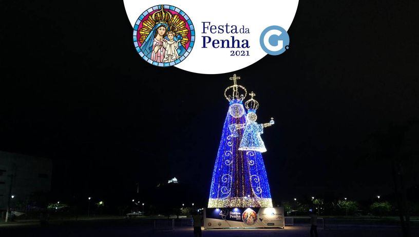 Com 120 mil lâmpadas, a Santa Iluminada na Praça do Papa, em Vitória, foi destaque na Festa da Penha de 2020.