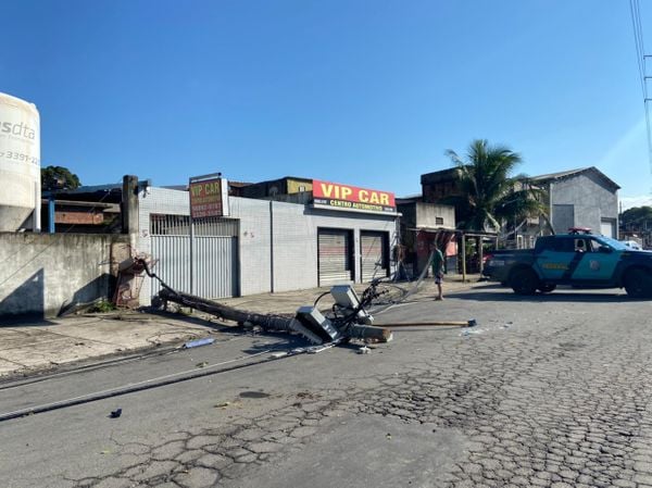 A queda da árvore puxou fios e derrubou dois postes na estrada que dá acesso ao Porto de Capuaba por Kaique Dias/TV Gazeta