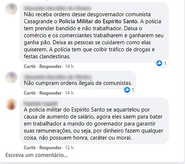 Comentários deixados nas redes sociais da Polícia Militar do Espírito Santo