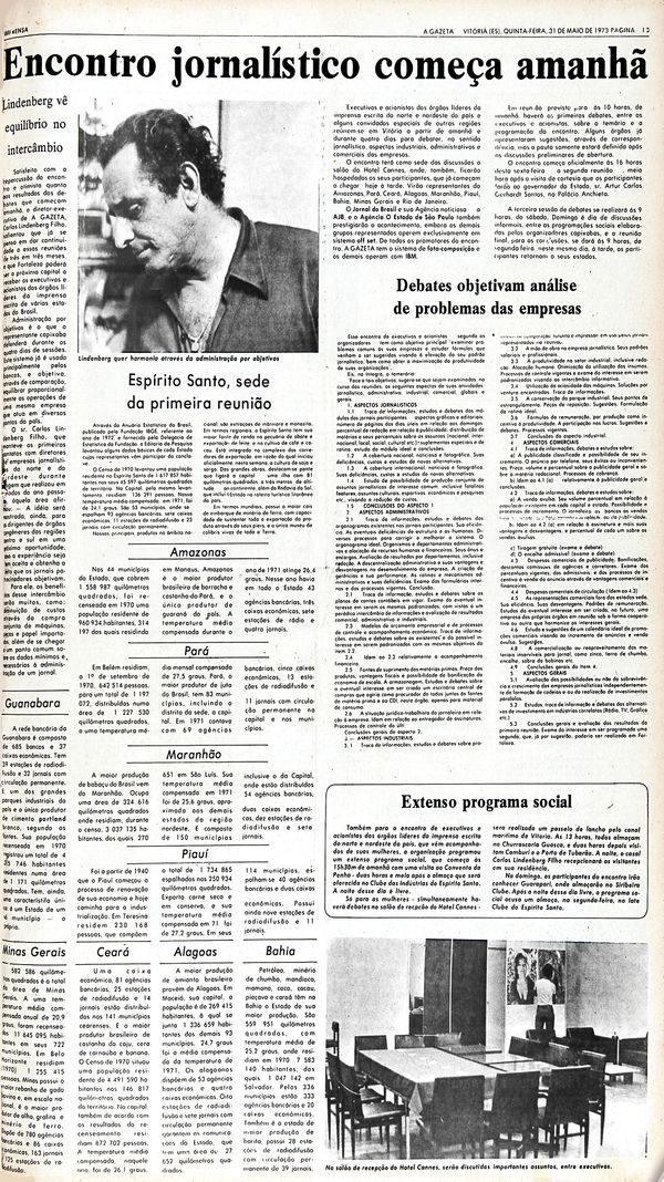 Jornal A Gazeta de 1973 divulga os assuntos tratados por jornalistas de todo Brasil que se encontravam em Vitória