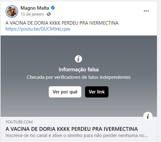 Facebook sinaliza publicação de vídeo de Magno Malta como 