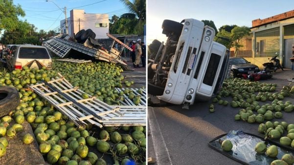 Caminhão carregado com coco tomba em avenida de Linhares 
