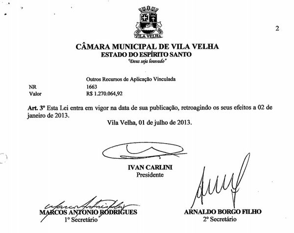 A assinatura de Arnaldinho na lei que autorizava a aplicação de recursos da prefeitura na UPA Zilda Arns