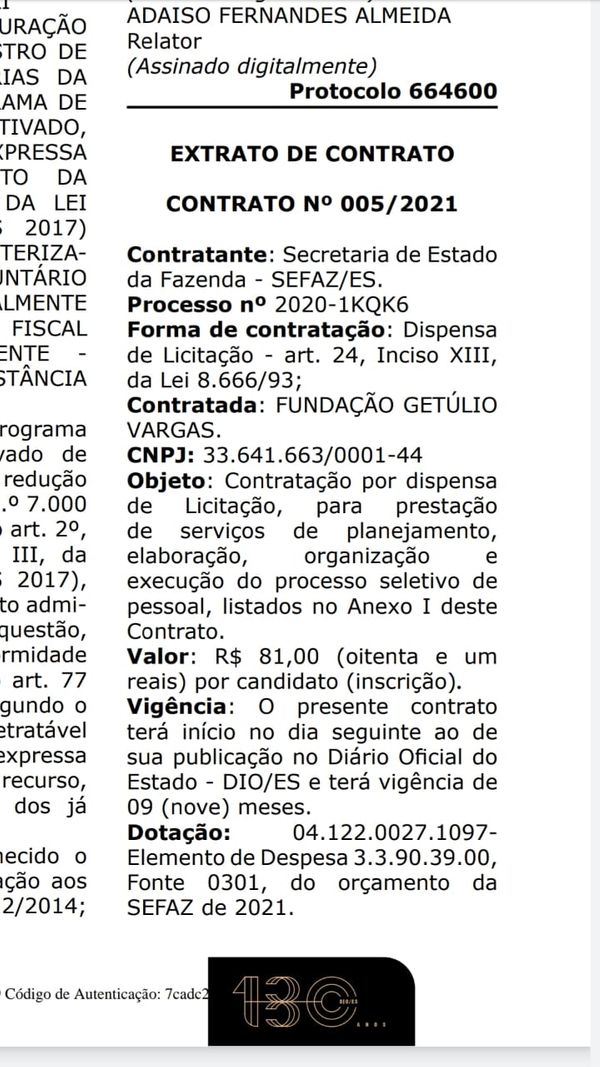 Extrato de contratação da FGV para elaborar o edital
