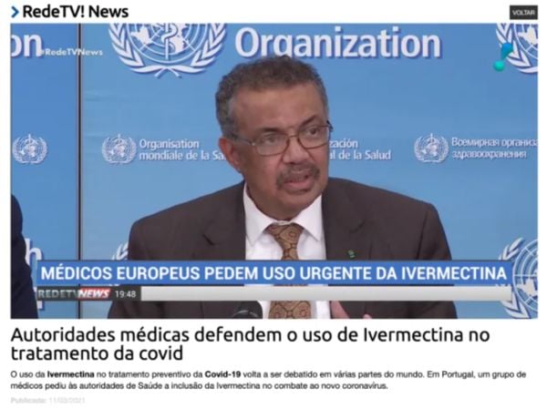 É enganosa publicação que, ao exibir imagem do diretor-geral da OMS, Tedros Adhanom, sugere que a organização defende o uso de ivermectina para a Covid-19