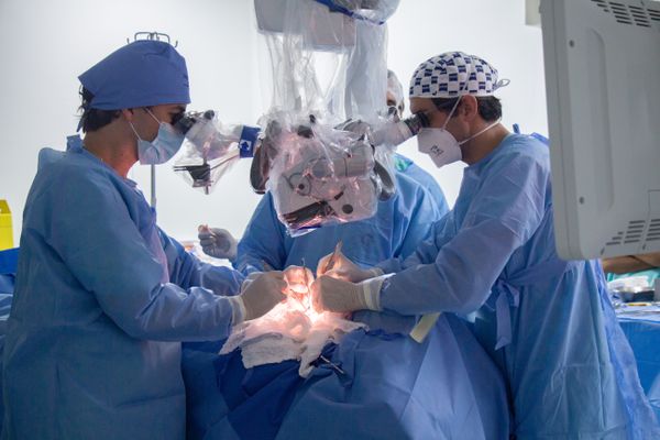 Equipe de neurocirurgia em procedimento com o microscópio Kinevo 900