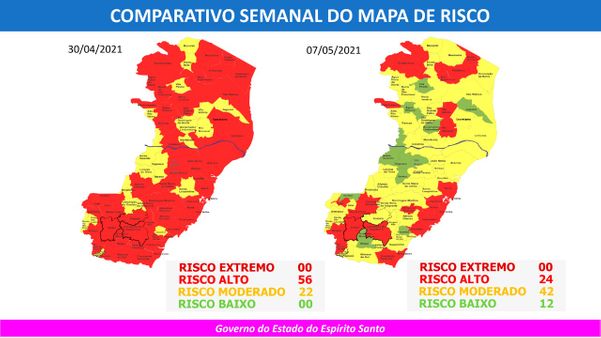 Governo do Espírito Santo divulga 54º mapa de risco. Classificação dos municípios vale entre os dias 10 e 16 de maio de 2021