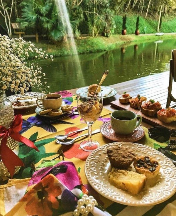 Café da manhã com vista para o lago da pousada por Vale dos Pássaros/Instagram