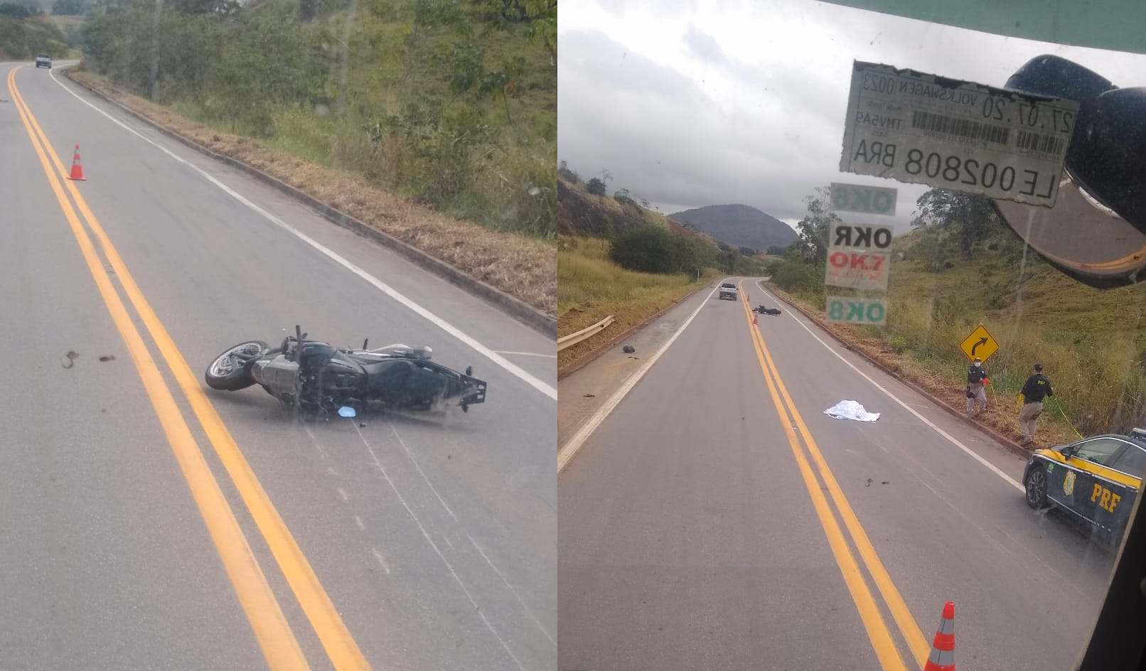 Motociclista perde o controle da moto, cai e morre na BR 259, em João Neiva. Crédito: Telespectador | TV Gazeta Norte / Montagem