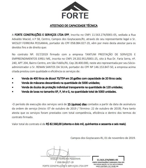 Atestado fornecido pela Forte Ambiental para comprovar que a Tantum tinha capacidade técnica para fornecer álcool. As duas empresas são do mesmo dono