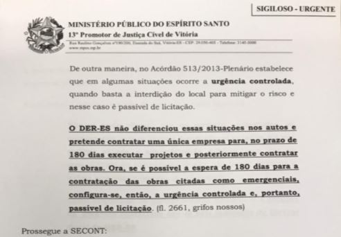 Trecho do pedido do MP aponta que Secont já havia alertado DER-ES sobre irregularidade na contratação