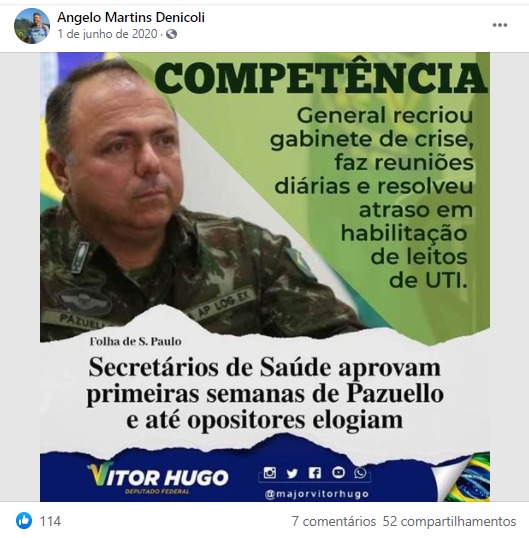 Publicação em rede social do major Angelo Denicoli elogia a gestão de Pazuello, em junho do ano passado