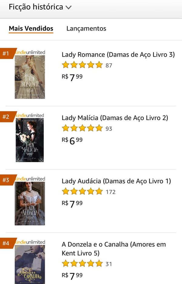 Ranking de mais vendidos da Amazon, na categoria Ficção Histórica, no dia 4 de setembro de 2020
