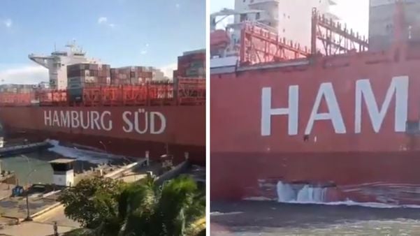 Navio da Hamburg Süd com casco danificado após acidente no Porto de Santos (SP)