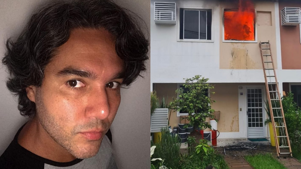O ator Fernando Sampaio e imagem de sua casa em chamas