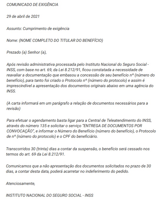 Exemplo de uma carta real do INSS.