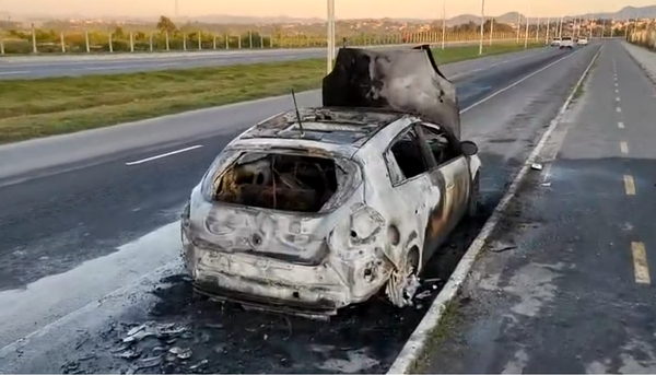 Carro ficou destruído após pegar fogo na rodovia Leste-Oeste em Cariacica