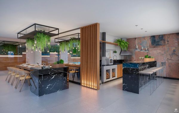 A área gourmet é um dos espaços do itens de lazer. por Construtora Araguaia/Divulgação