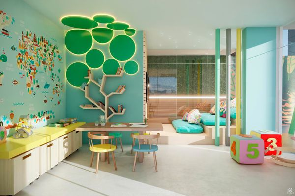 A brinquedoteca também faz parte da área de lazer do edifício para a criançada brincar com segurança. por Construtora Araguaia/Divulgação