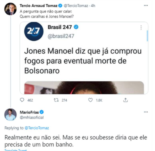 Post com comentário racista feito pelo secretário Mário Frias no Twitter