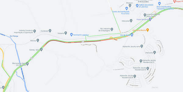 Mapa mostra congestionamento após acidente na Rodovia do Contorno, na Serra