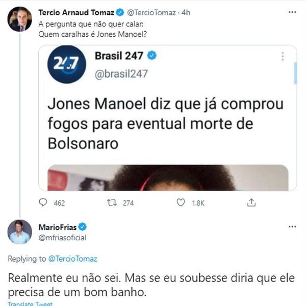 Post mostra comentário de Mário Frias no Twitter