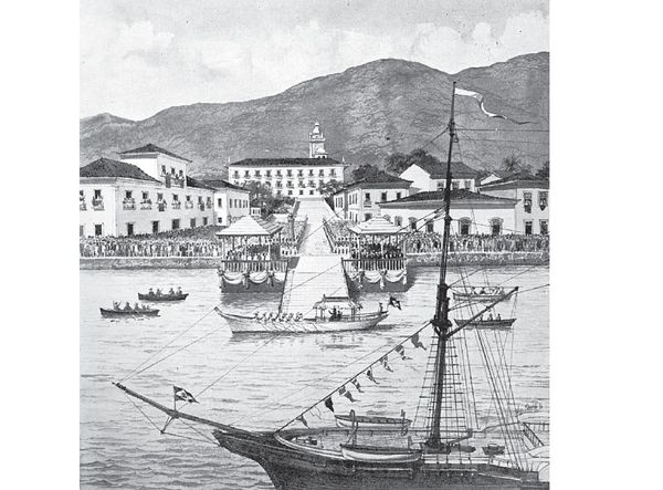 Desenho do Cais do Imperador no dia da visita de Dom Pedro II, extraído do livro 