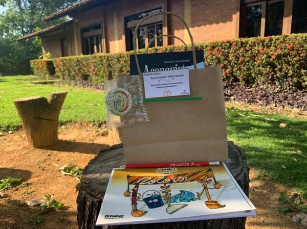 Kit entregue aos alunos com livros sobre a literatura brasileira, incluindo um título dos autores capixabas Eugênio Fernandes e Rita Santos sobre cuidados com a natureza.