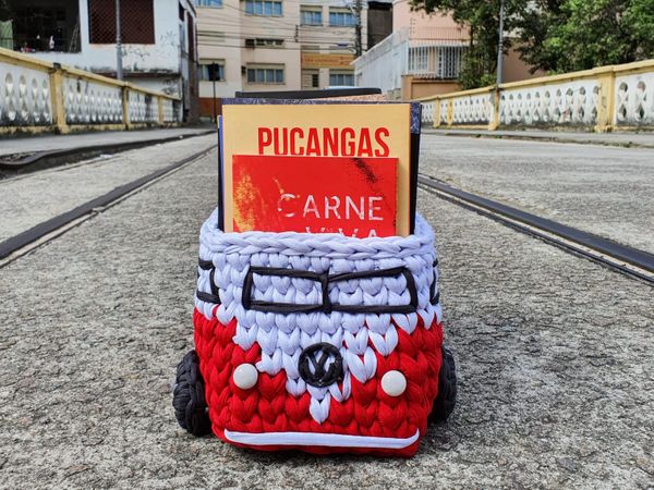 Registro da Kombi de crochê que carrega as obras distribuídas pelo projeto por Nat Nobre/Divulgação