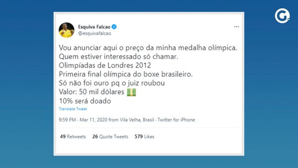 Esquiva anunciou venda de medalha pela rede social