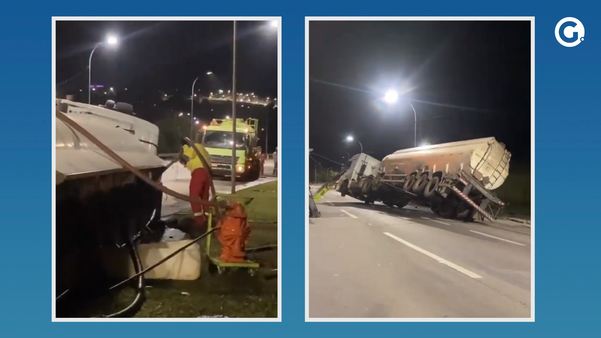 Equipes realizaram transbordo do combustível e destombamento do caminhão durante a madrugada desta terça (10)